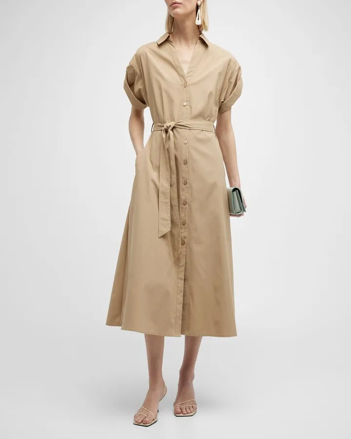 Fia Belted Short-Sleeve Poplin Midi Shirtdress
