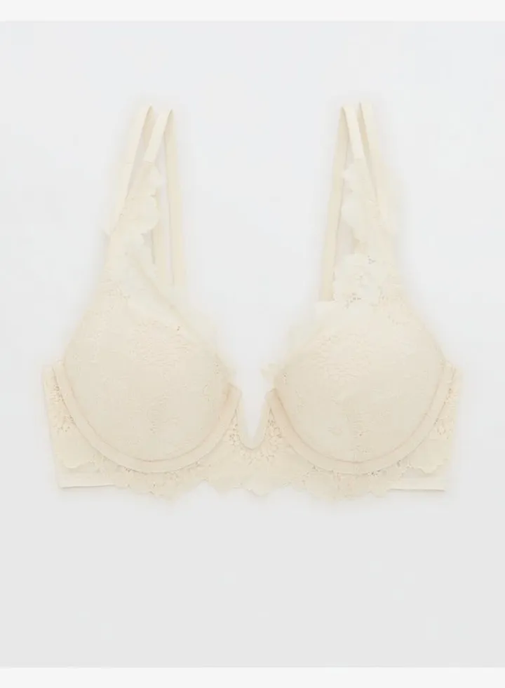 Aerie Real Power Plunge Push Up Poppy Lace Bra