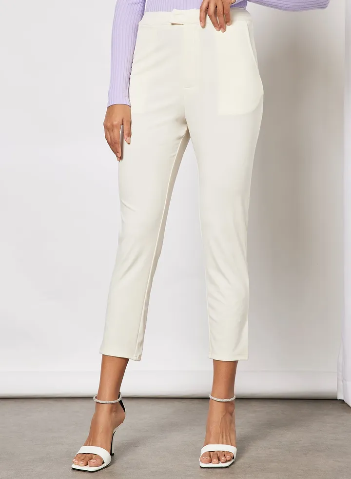 Women Solid Slant Pocket Tapered Pants White