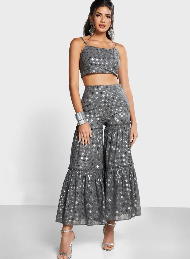 Grey Boota Foil Tiered Sharara Pants