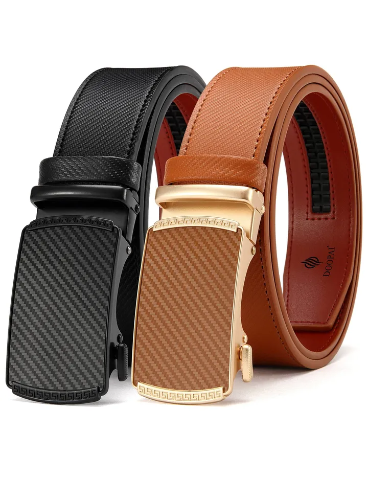 Belt Men, 2 Pack Ratchet Belt Dress Adjustable 44-52" Genuine Leather Belt, Size Length Can be Cut, with Gift Box