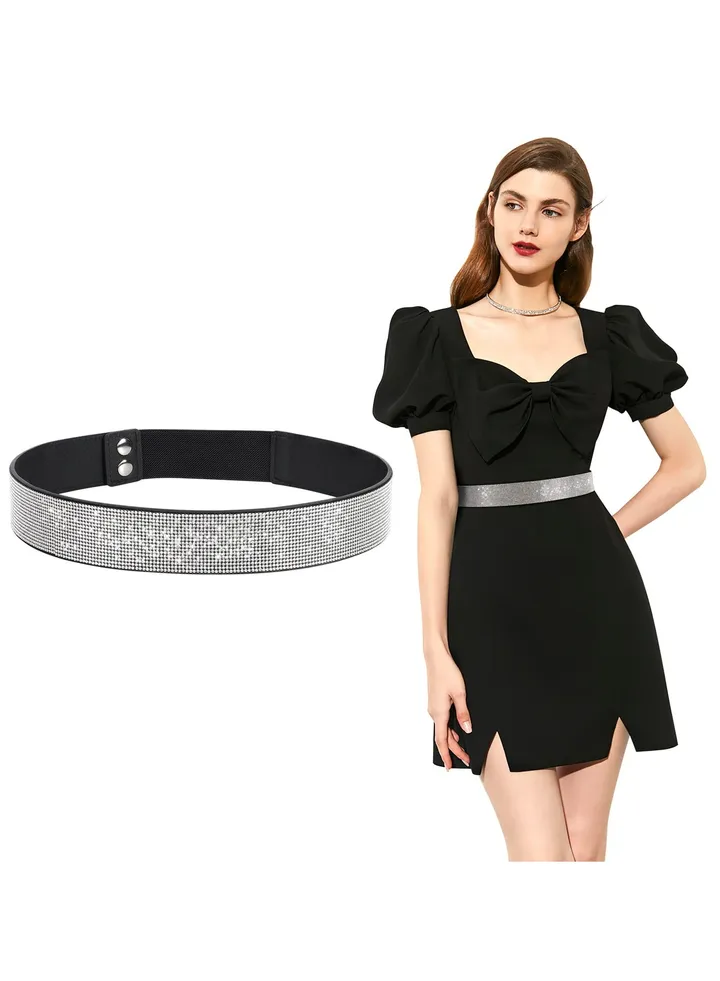Stretchy Rhinestone Elastic Belt for Women - Shiny Crystal Bling Wide Waist Belt for Dresses