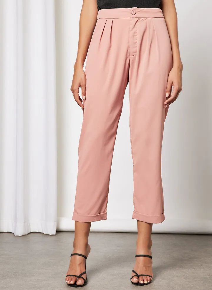Women Solid Double Hem Slight Pants Pink
