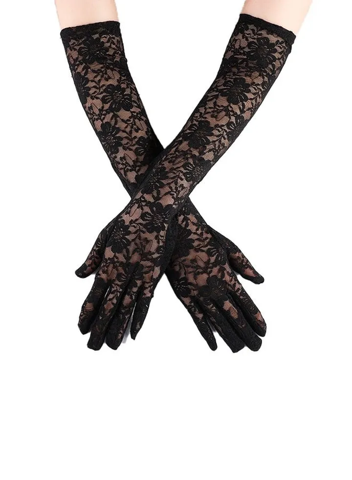 Ladies Lace Long Gloves,Women's Long Lace Gloves Floral Lace Gloves Bridal Wedding Gloves Prom Opera Mittens Fancy Dress Gloves Sun UV Protection Driving Gloves for Women(black)