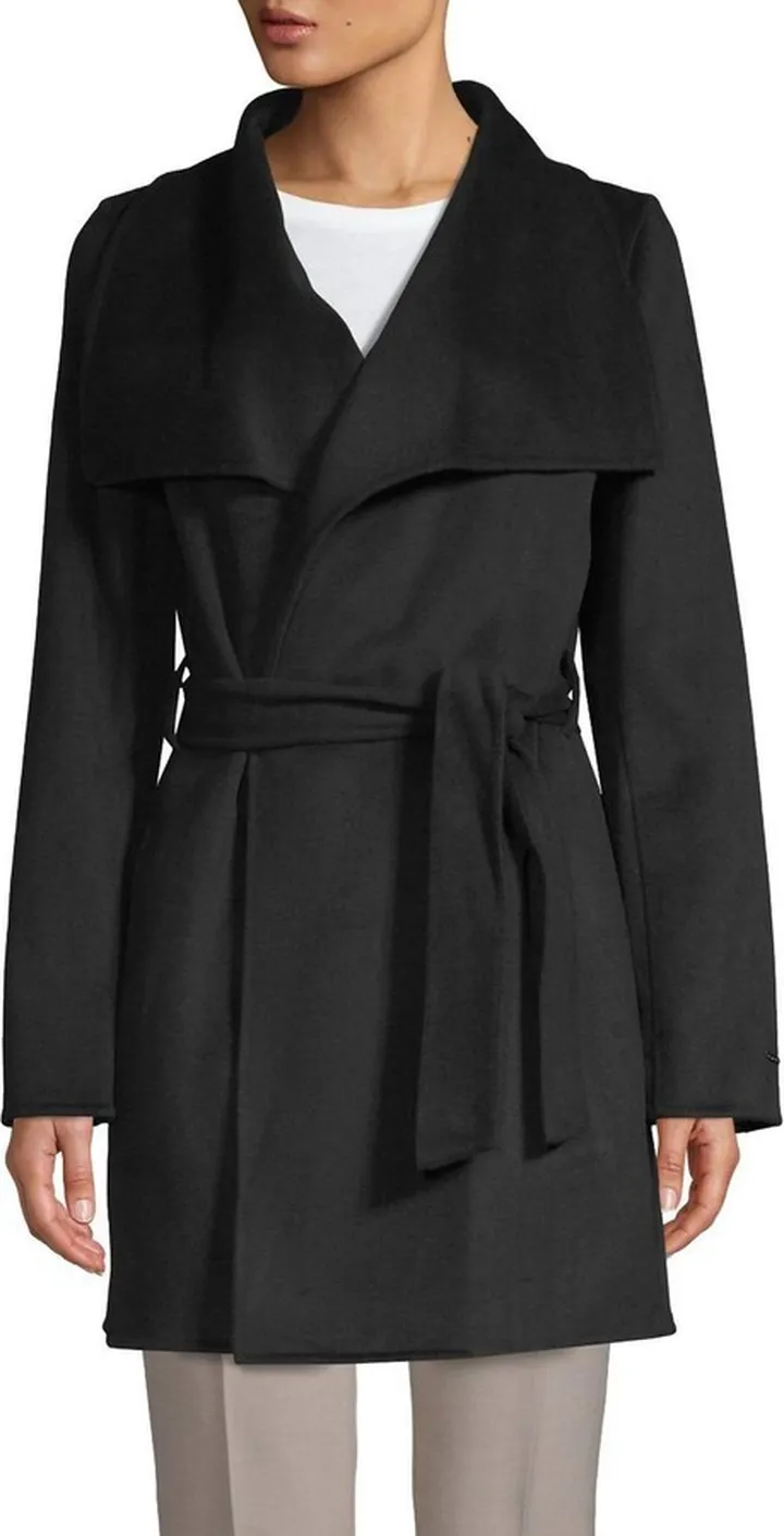 Ella Lightweight Wool Wrap Trench Coat in Black