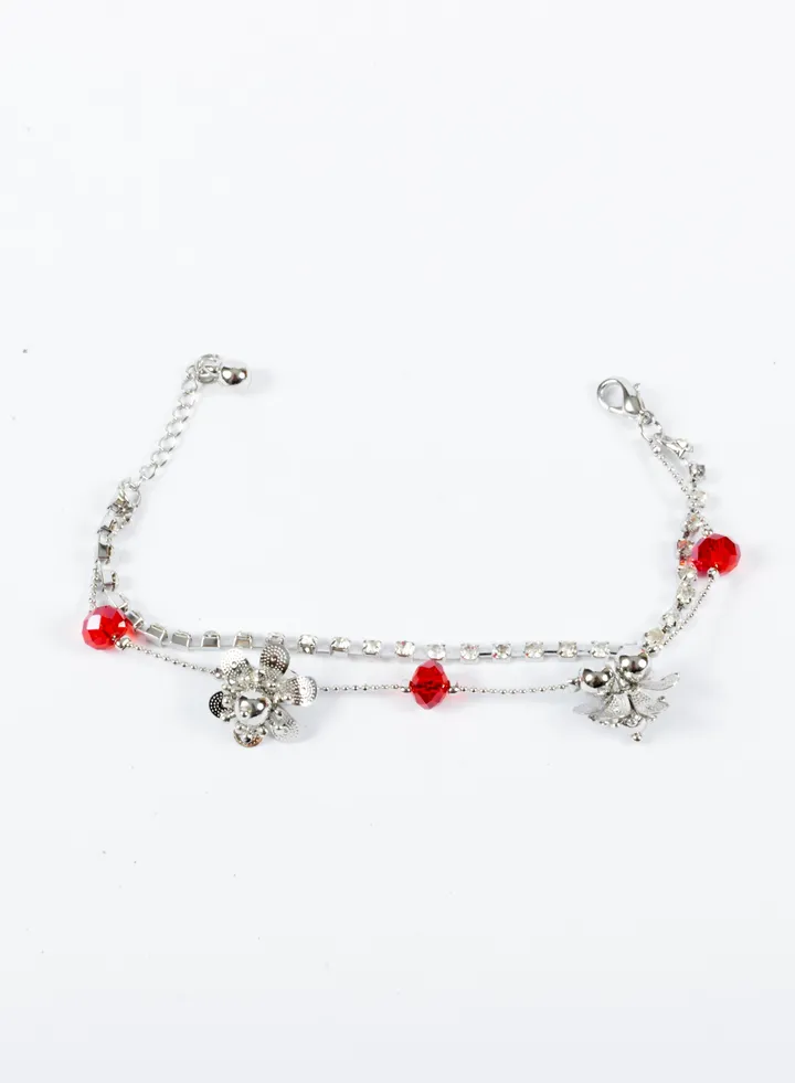 Stainless Steel 2 layers Anklet with flowers pendants silver