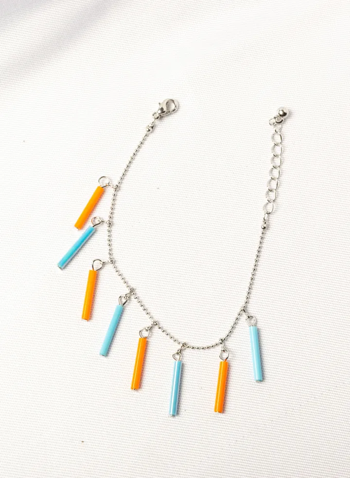 Stainless Steel 316 Ankel Bracelet with a Blue/Orange Pendant Premium Quality & Against Color Change