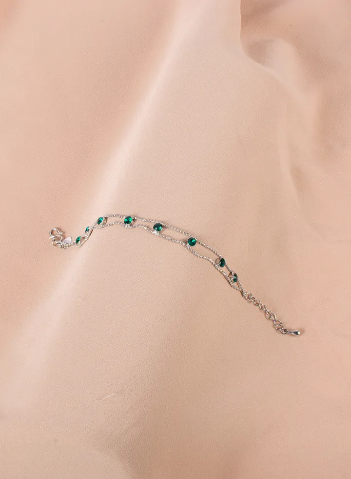 Stainless Steel Silver Anklet with a Green Zircon Stones