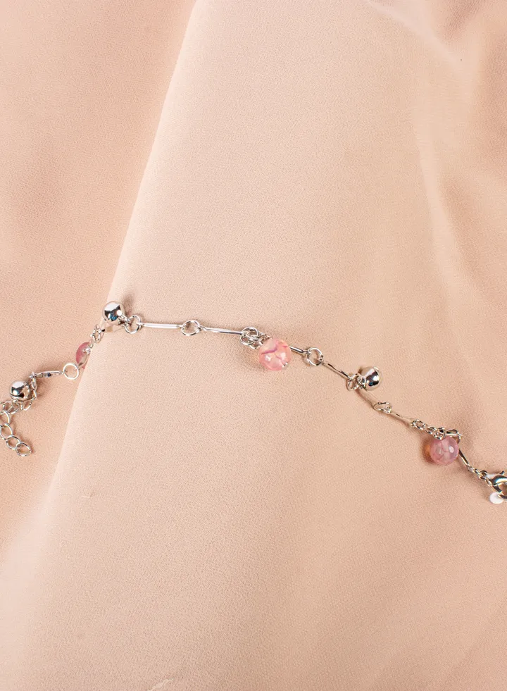 Stainless Steel Silver Anklet with Pink Pendants