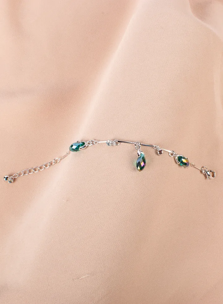 Stainless Steel Silver Anklet with Green Pendants