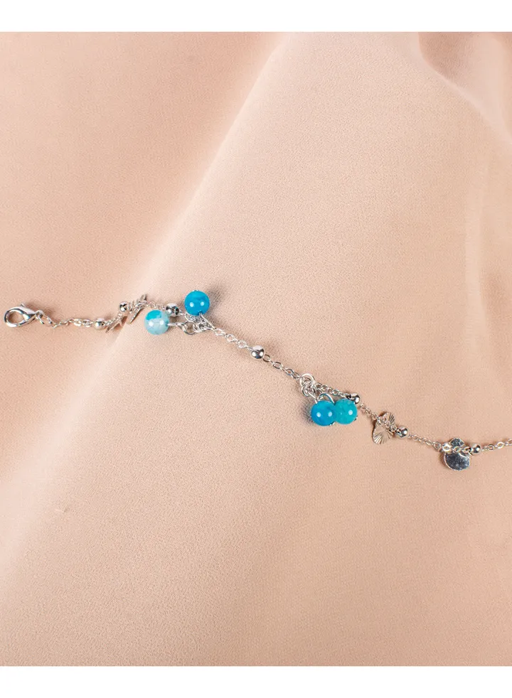Stainless Steel Silver Anklet with Blue Pendants