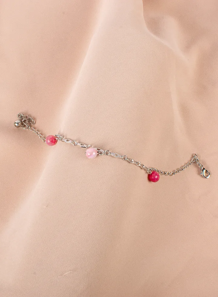 Stainless Steel Silver Anklet with Pink Pendants