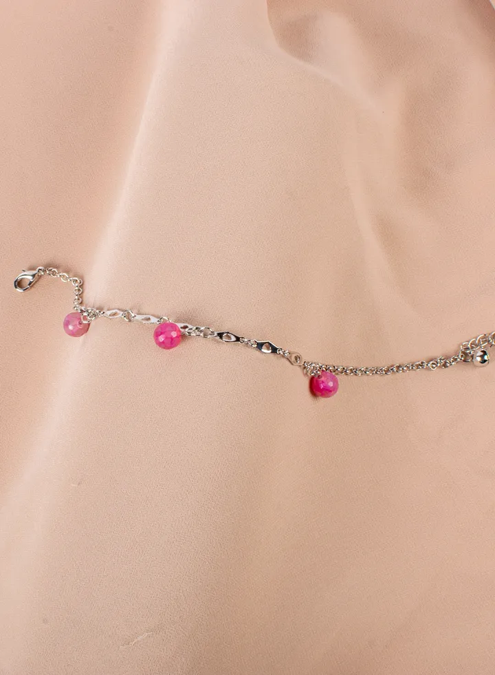 Stainless Steel Silver Anklet with Pink Pendants
