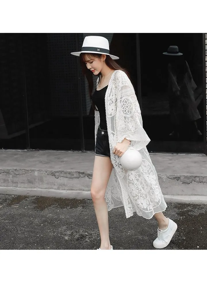 Fashionable Lace Mesh Embroidery Beach Sunscreen Cover Up White