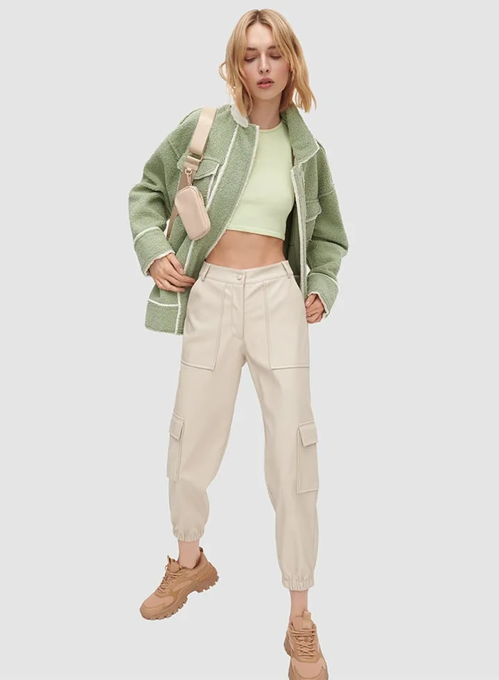 Faux Leather Trousers Beige