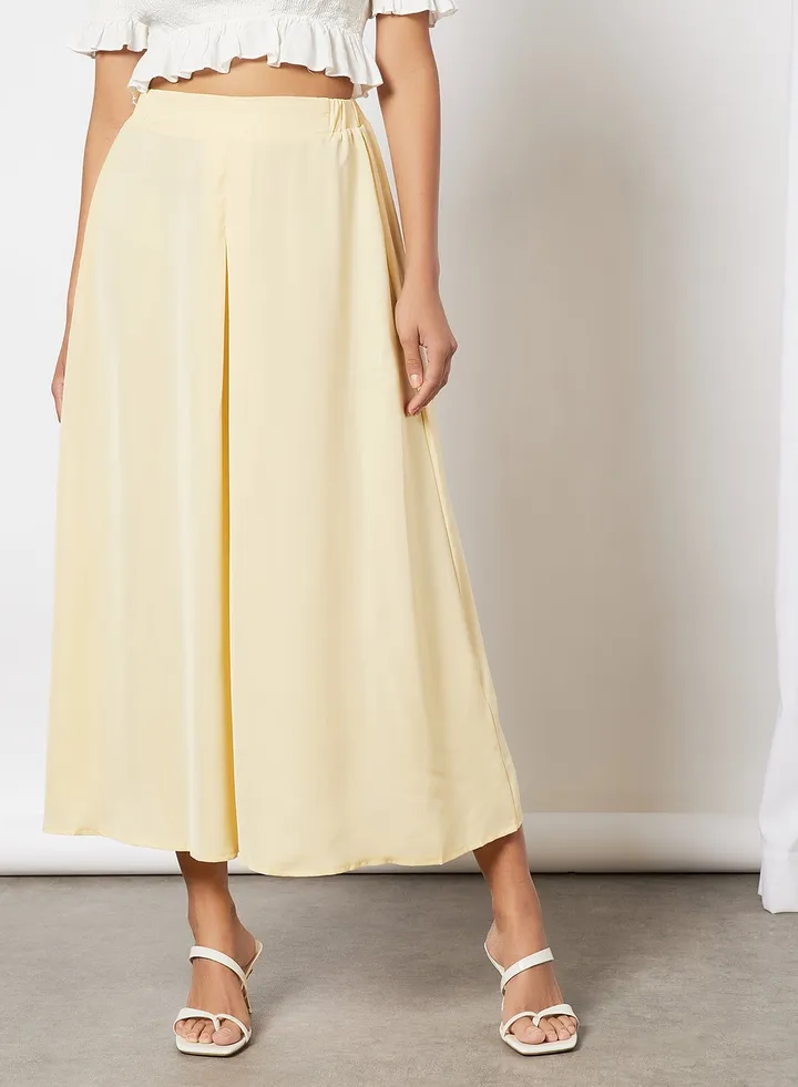 Women Elastic Waistband Midi Skirt Cream