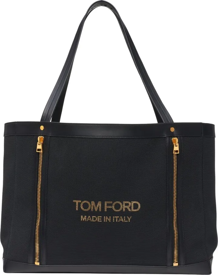 Zip Front Textured Canvas & Leather Tote