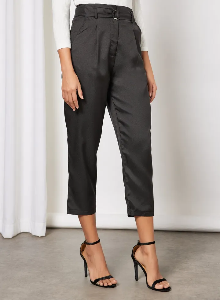 Women High Waist Self Belt Side Pocket Pants Black