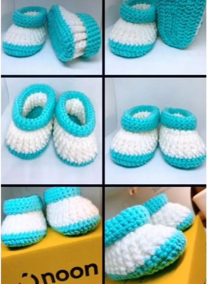 Crochet made Baby Shoes White and Green 4.5 inch sole for new born, 2 to 6 months baby feet