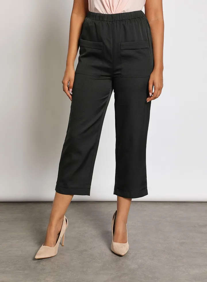 Women's Casual Patch Pocket Straight Fit Pants Charcoal Grey