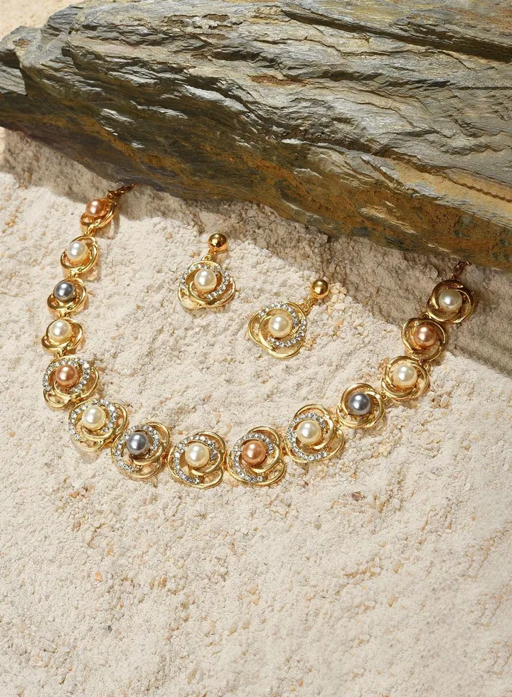 Gold Plated Pearl Necklace and Earring Set Jewellery Set