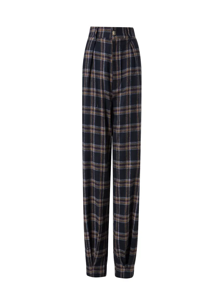 Women High Rise Irregular Check Pants Black