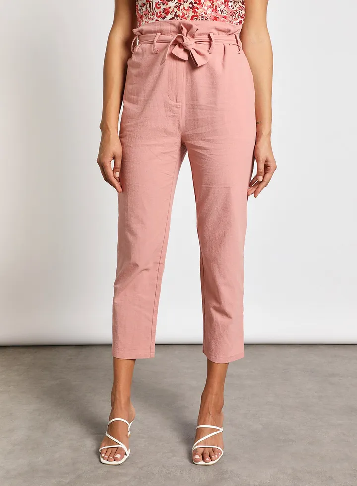 Women's Self Bowknot Plain Casual Pants Peach