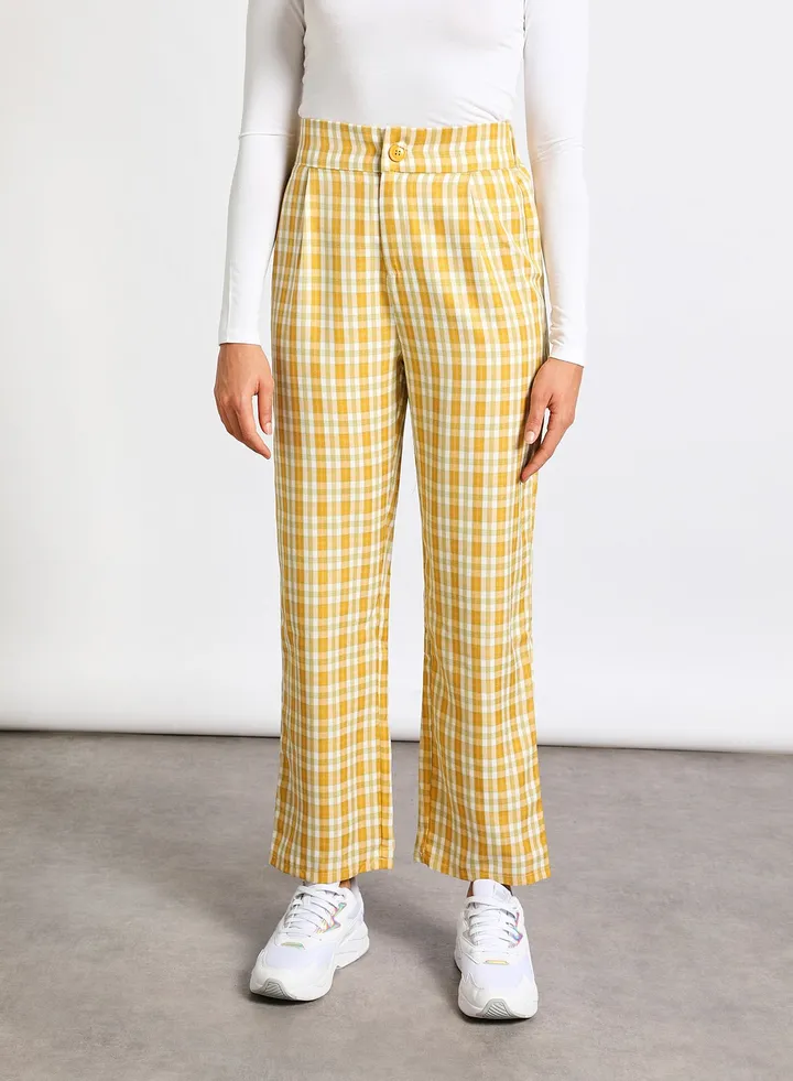 Women's Casual Stylish Check Pants Yellow/White