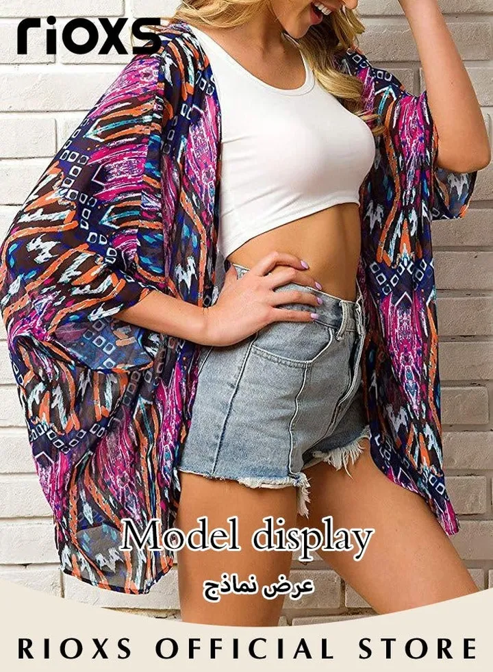 Women Casual Floral Print Beach Cover Ups Short Sleeve Kimono Cardigan Loose Beach Swimsuit Dress