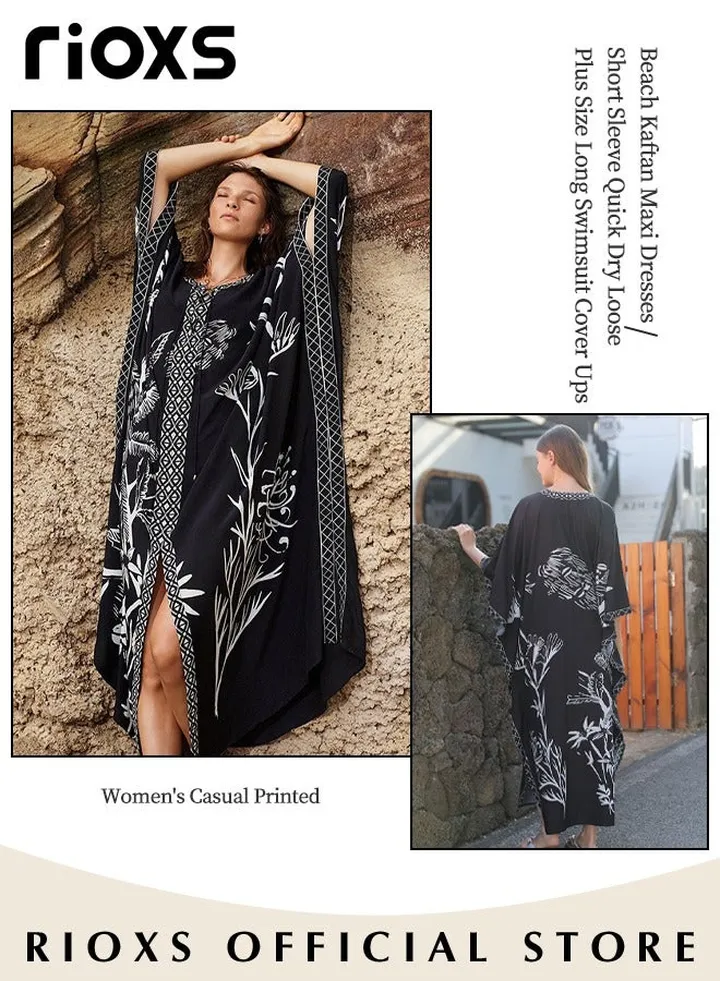 Women's Casual Printed Beach Cover Ups Short Sleeve Kimono Cardigan Loose Beach Swimsuit Dress