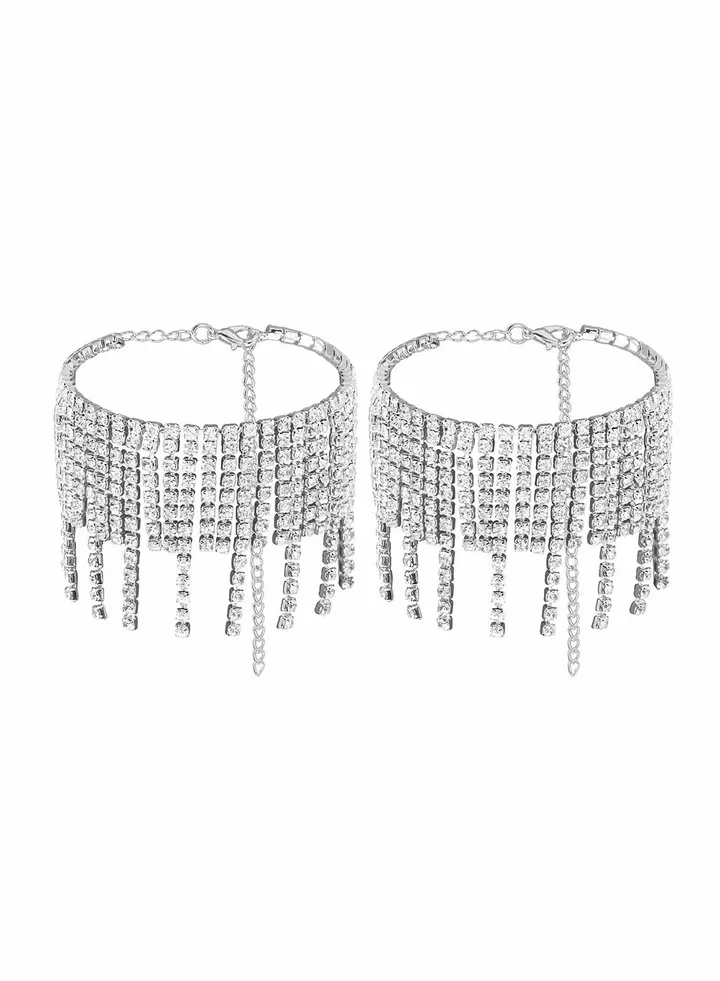 Boho Tassels Ankle Bracelet Crystal Anklets Glitter Rhinestone Tennis High-heeled Foot Chain Wedding Body Jewelry Accessories for Women and Girls (2PCS)