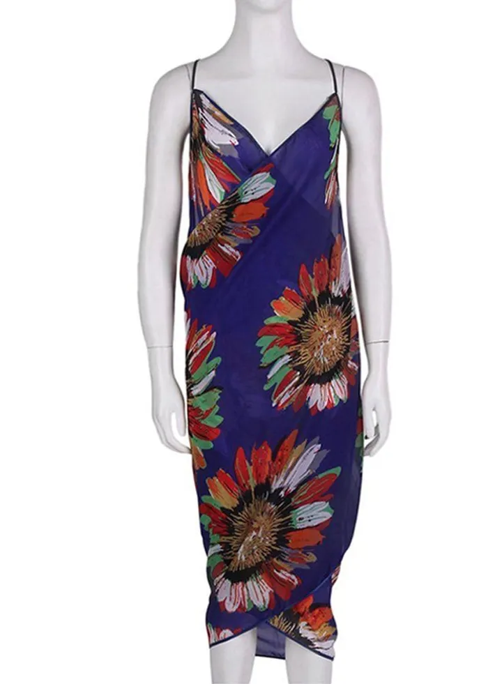 Women Summer Floral Chiffon Bikini Cover Up Beach Dress Swimwear Wrap Royal Blue