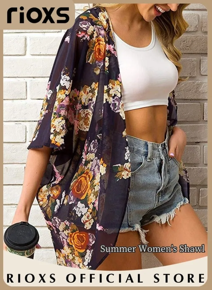Women Casual Floral Print Beach Cover Ups Short Sleeve Kimono Cardigan Loose Beach Swimsuit Dress