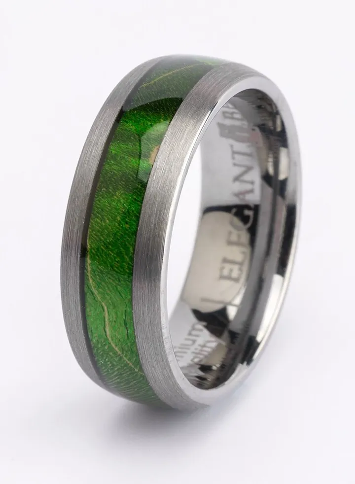 Engagement Tungsten Ring Inlaid With Green Elder Box Wood