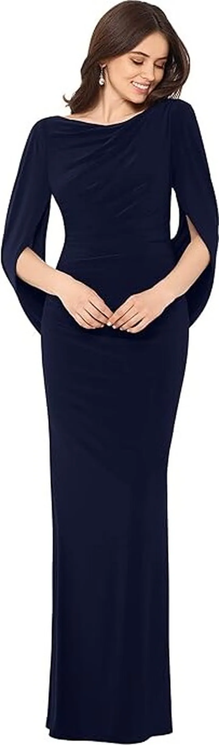 Betsy & Adam Long Jersey Ruched Drape Back Dress (Navy) Women's Dress