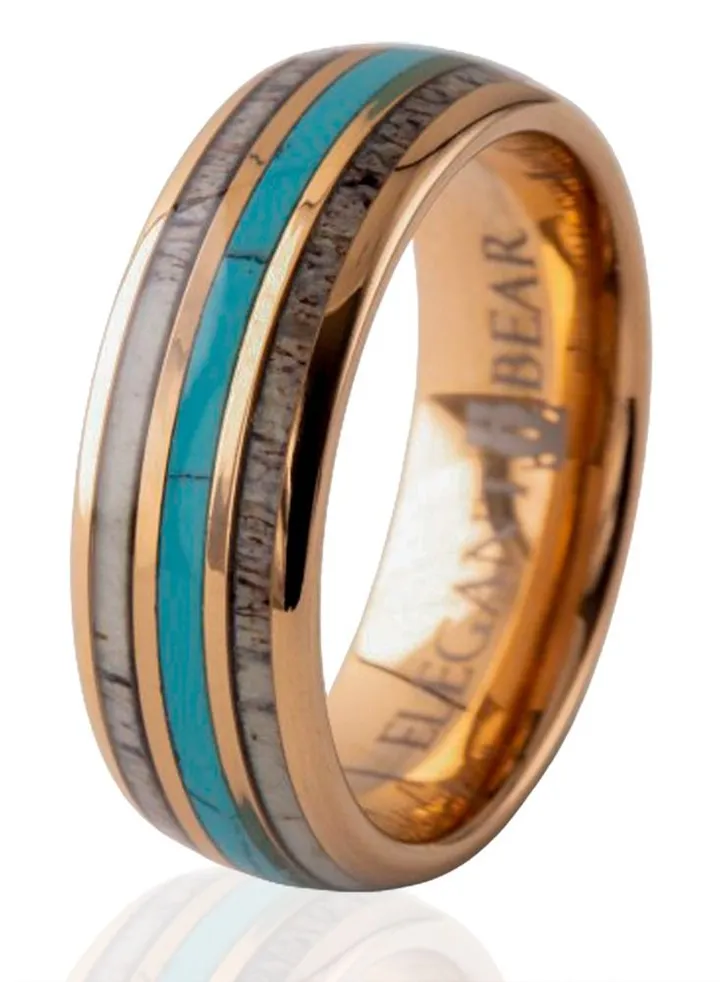 Tungsten engagement ring inlaid with natural deer ivory and turquoise stone