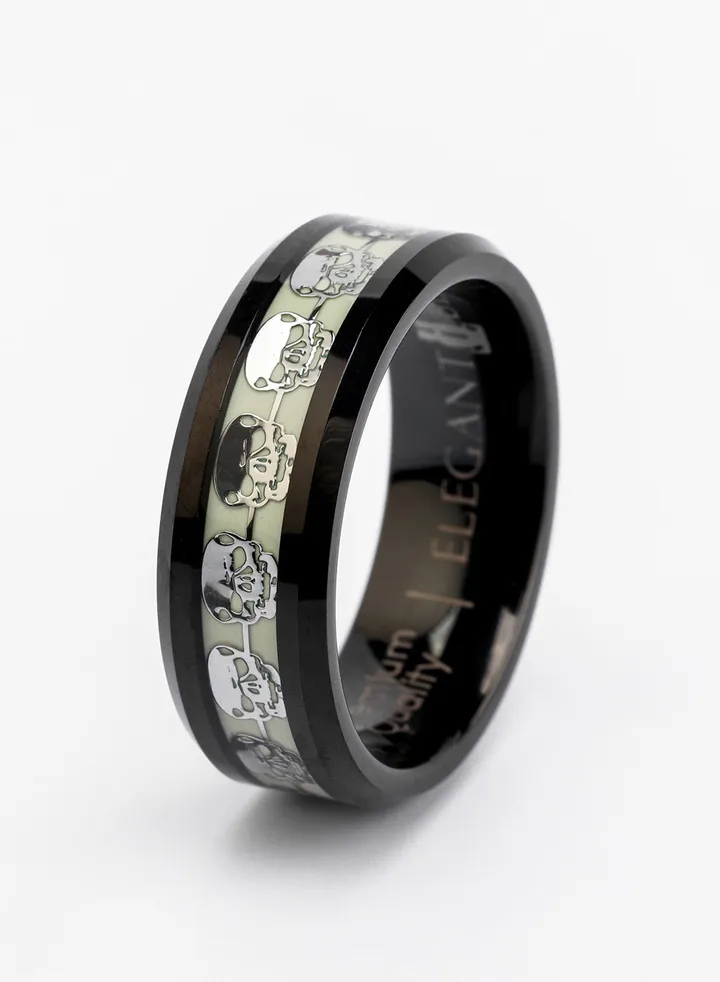 Elegant Bear Engagement black Tungsten ring inlaid with green strontium aluminate, “glows green in the dark.”