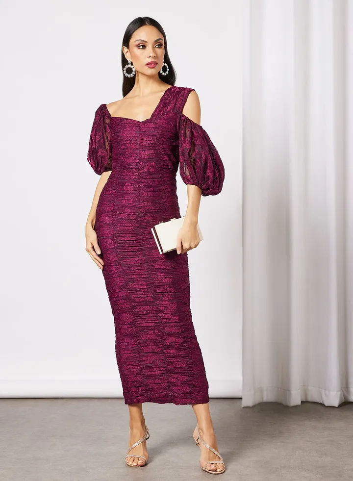 Ruched Lace Bodycon Dress Maroon