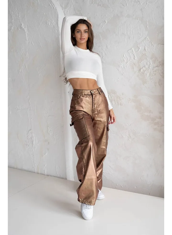 Limited Edition Bronze Wide Leg Shiny Printed Jeans TPRAW24JE00003