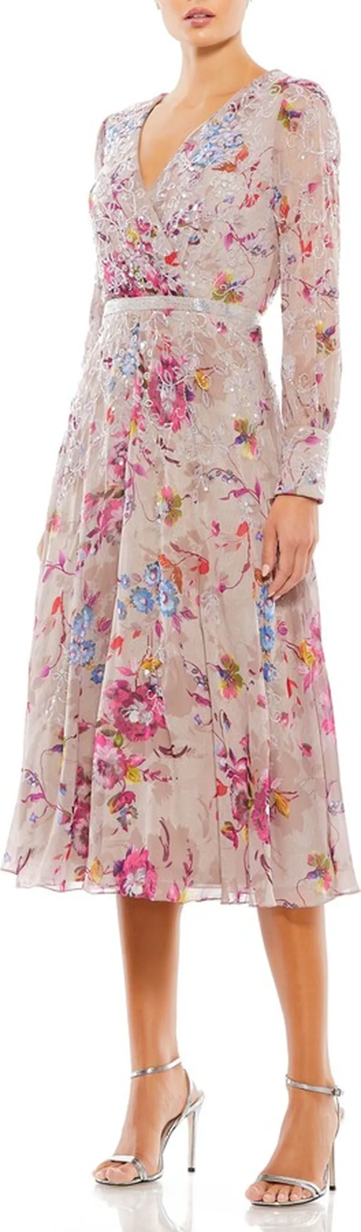 Beaded Floral Long Sleeve Cocktail Dress