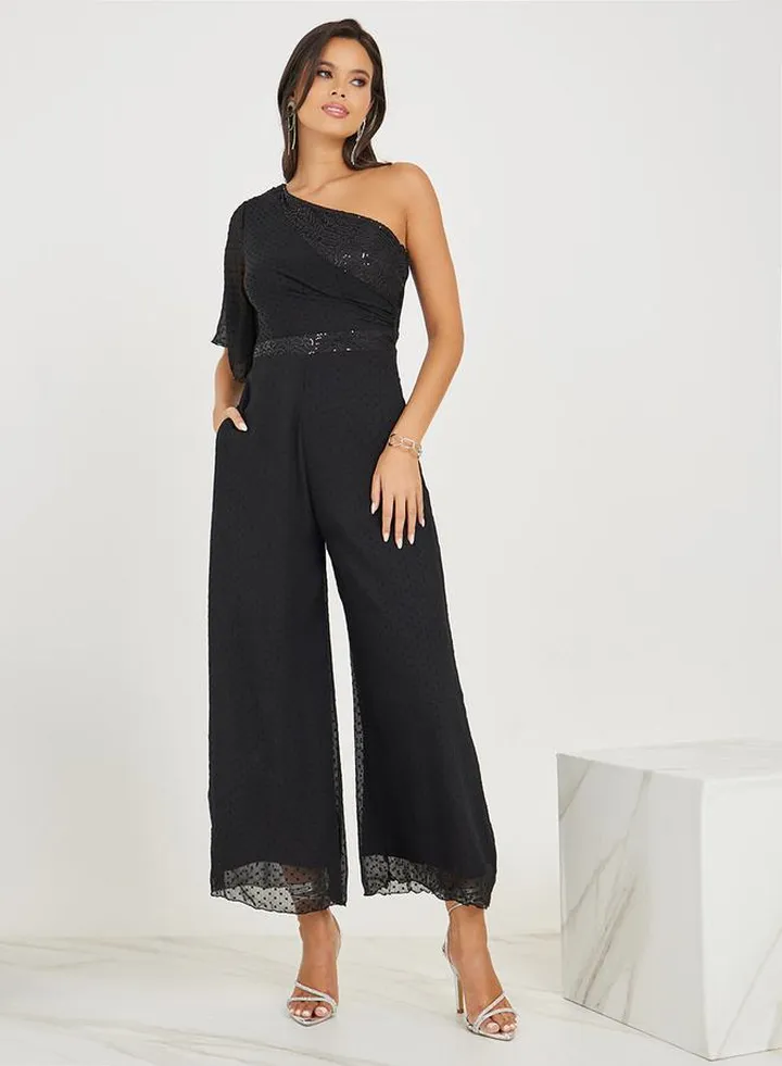Wide Leg One Shoulder Sequined Jumpsuit