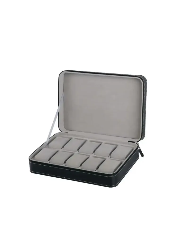 Watch Box Portable Travel Zipper Case Collector Storage Jewelry Storage Box(Black)-PU Leather 12 Slot