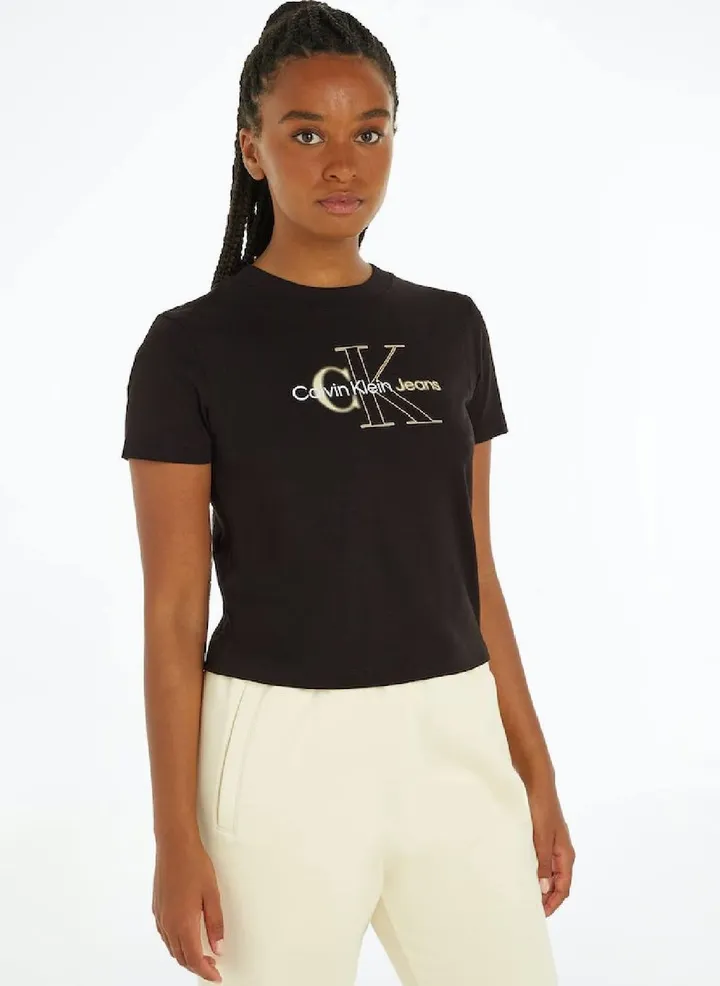 Women's Cropped Monogram T-Shirt - cotton jersey, Black