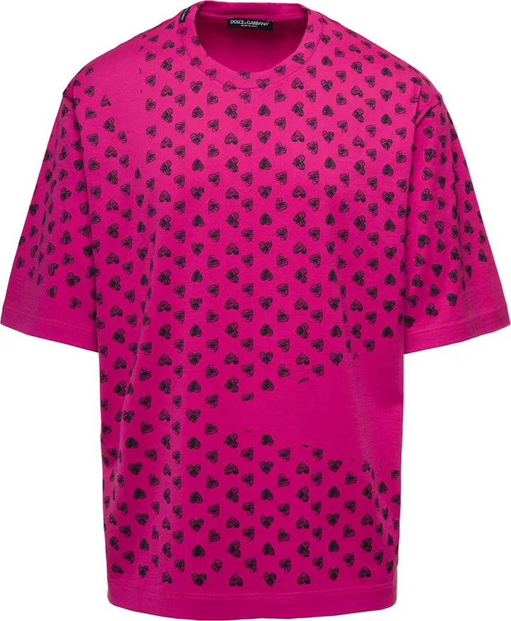 Fuchsia Oversized T-shirt With All-over Heart Print In Cotton Man