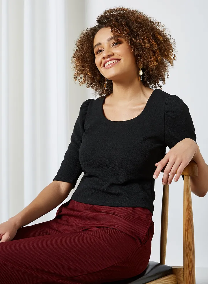 Solid Puff Sleeve Top Black
