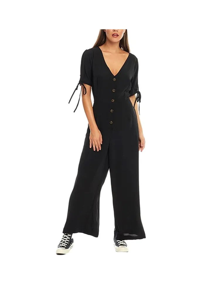 Woven Bow Sleeves Playsuit Black