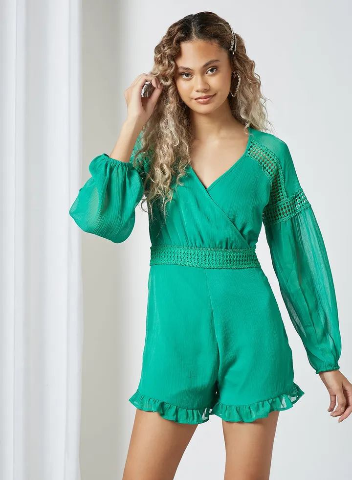 Ruffle Trim Playsuit Green