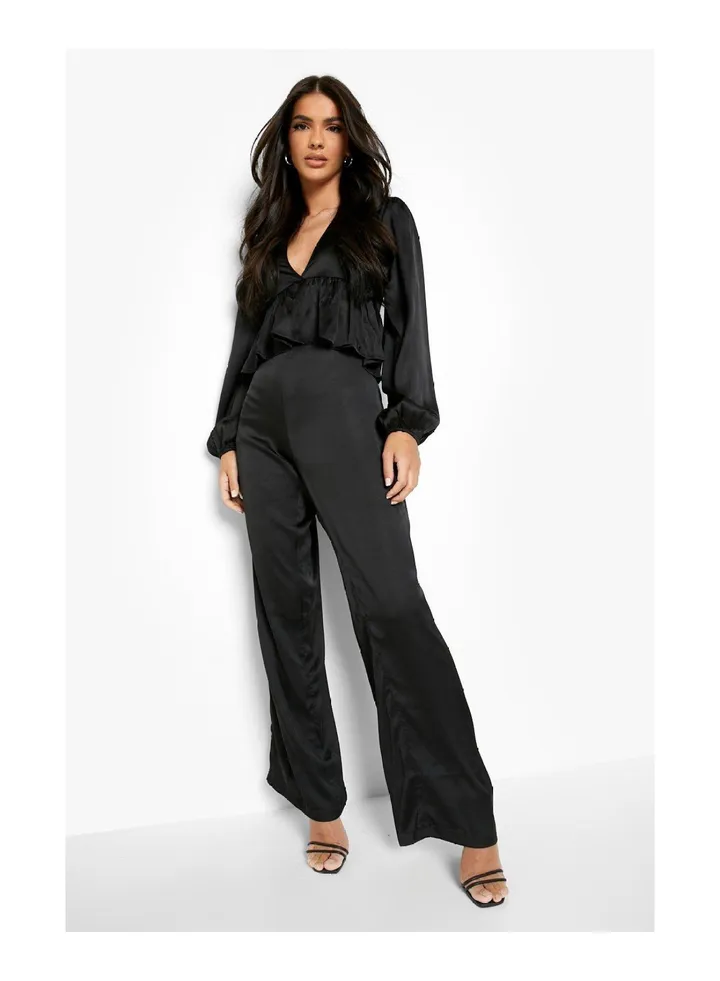Satin Plunge Ruffle Wide Leg Jumpsuit