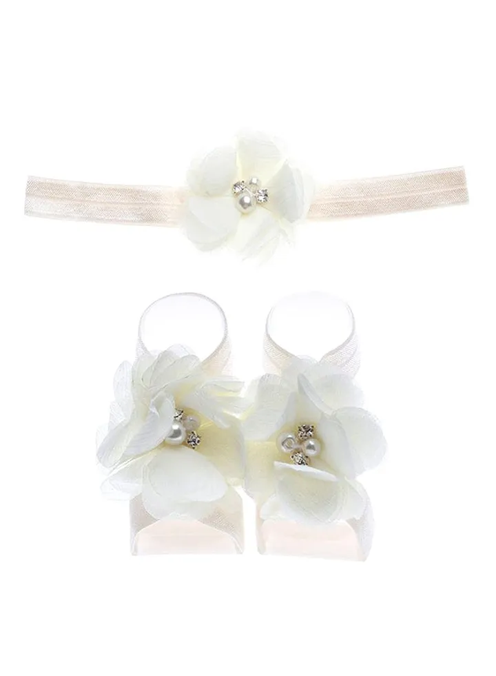 Rhinestone Studded Floral Head And Foot Band White