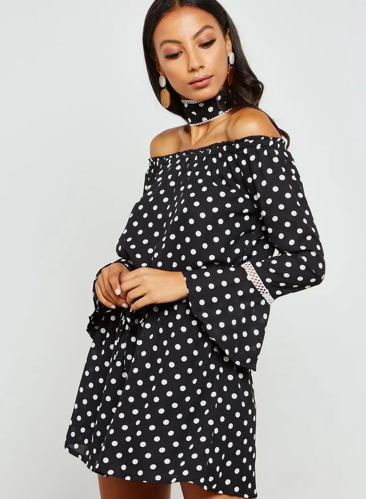 Polka Dot Choker Ruffle Sleeve Dress